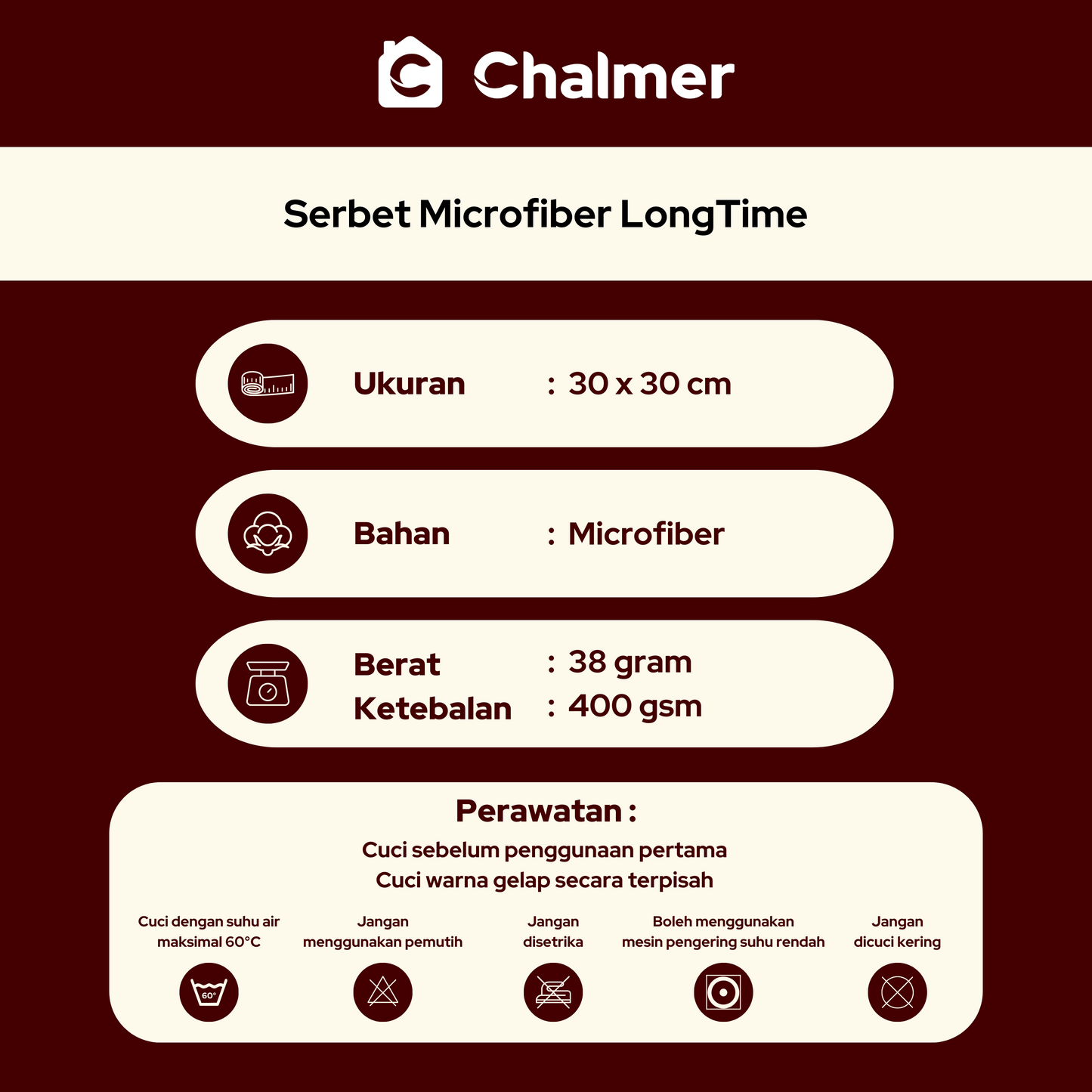 Lap Tangan Microfiber Long Time by Chalmer 30 x 30 cm