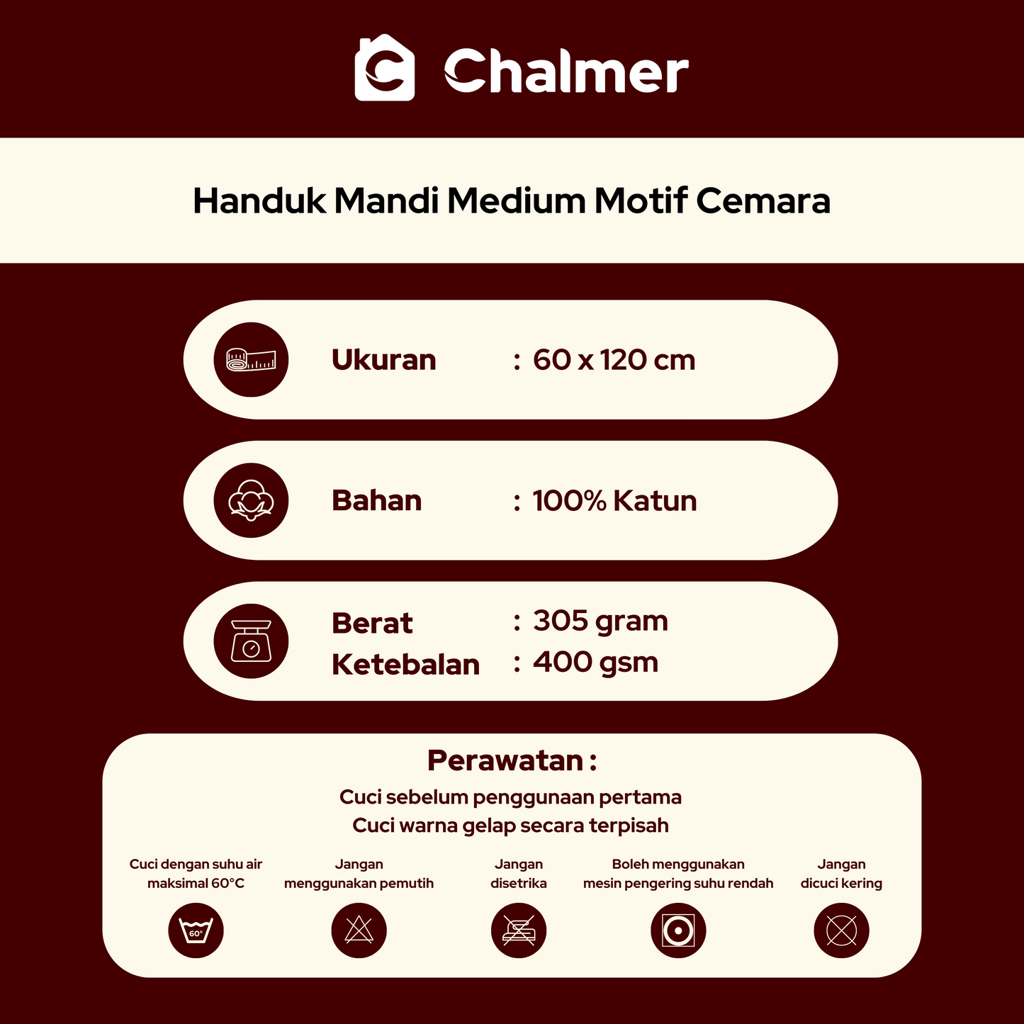 Handuk Mandi Travel Medium Chalmer 60 x 120 cm Motif Cemara