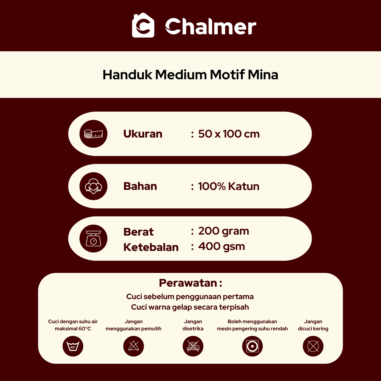 Handuk Mandi Travel Medium Chalmer 50 x 100 cm Motif Mina