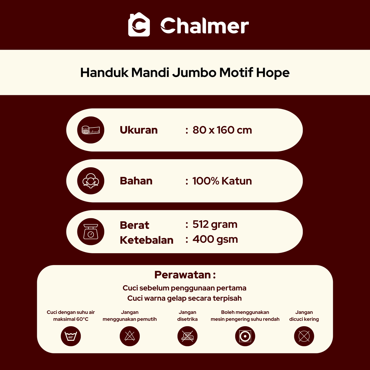 Handuk Mandi Dewasa Besar Jumbo Chalmer 80 x 160 cm Motif Hope