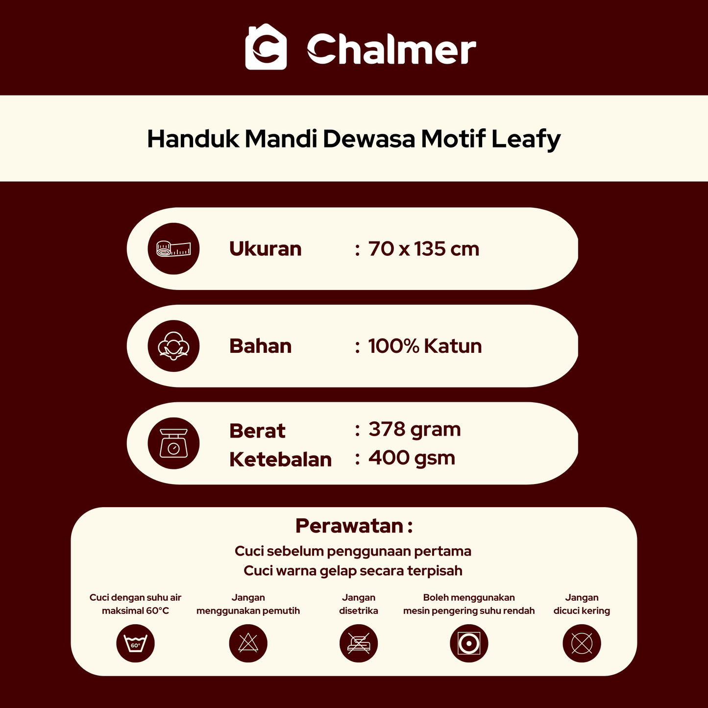 Handuk Mandi Dewasa Chalmer 70 x 135 cm Motif Leafy