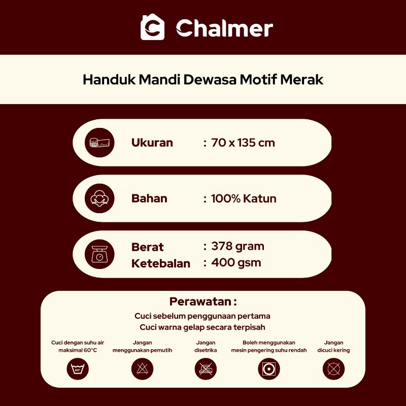 Handuk Mandi Dewasa Chalmer 70 x 135 cm Motif Merak