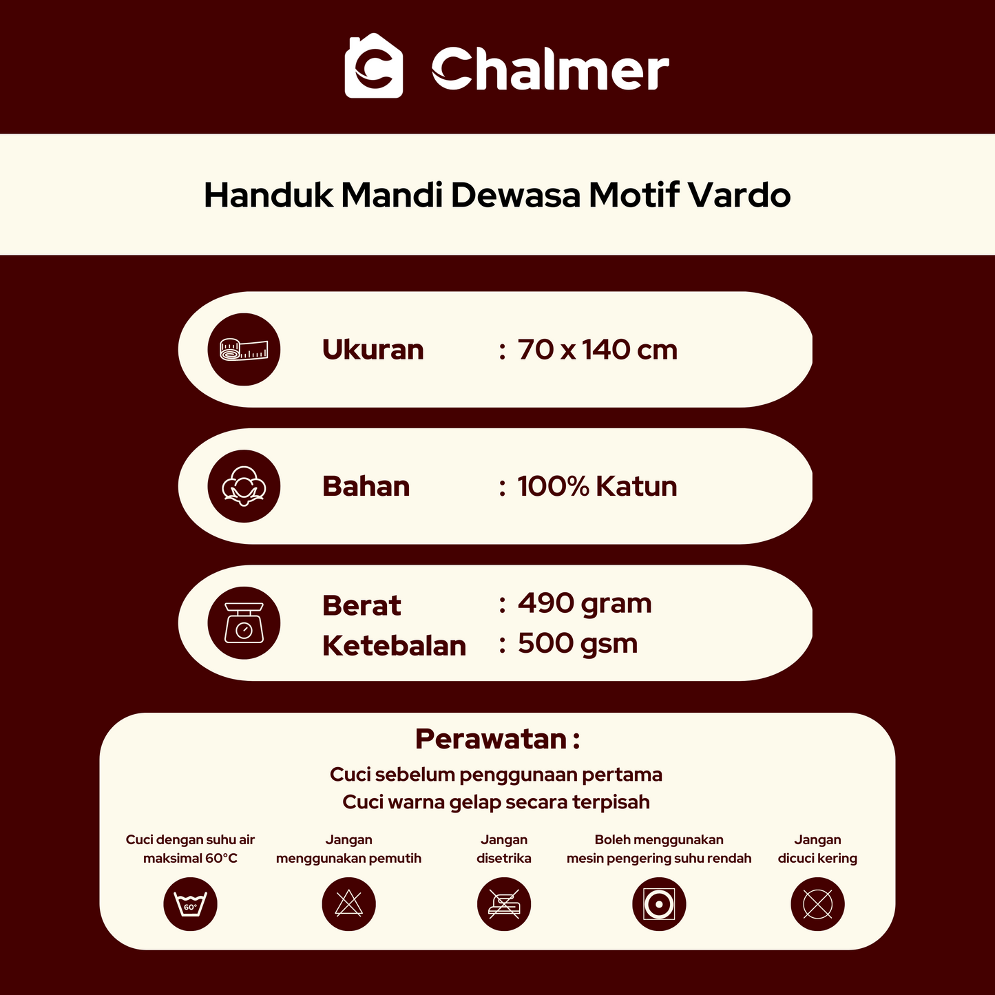 Handuk Mandi Dewasa Chalmer Premium 70 x 140 cm Motif Vardo