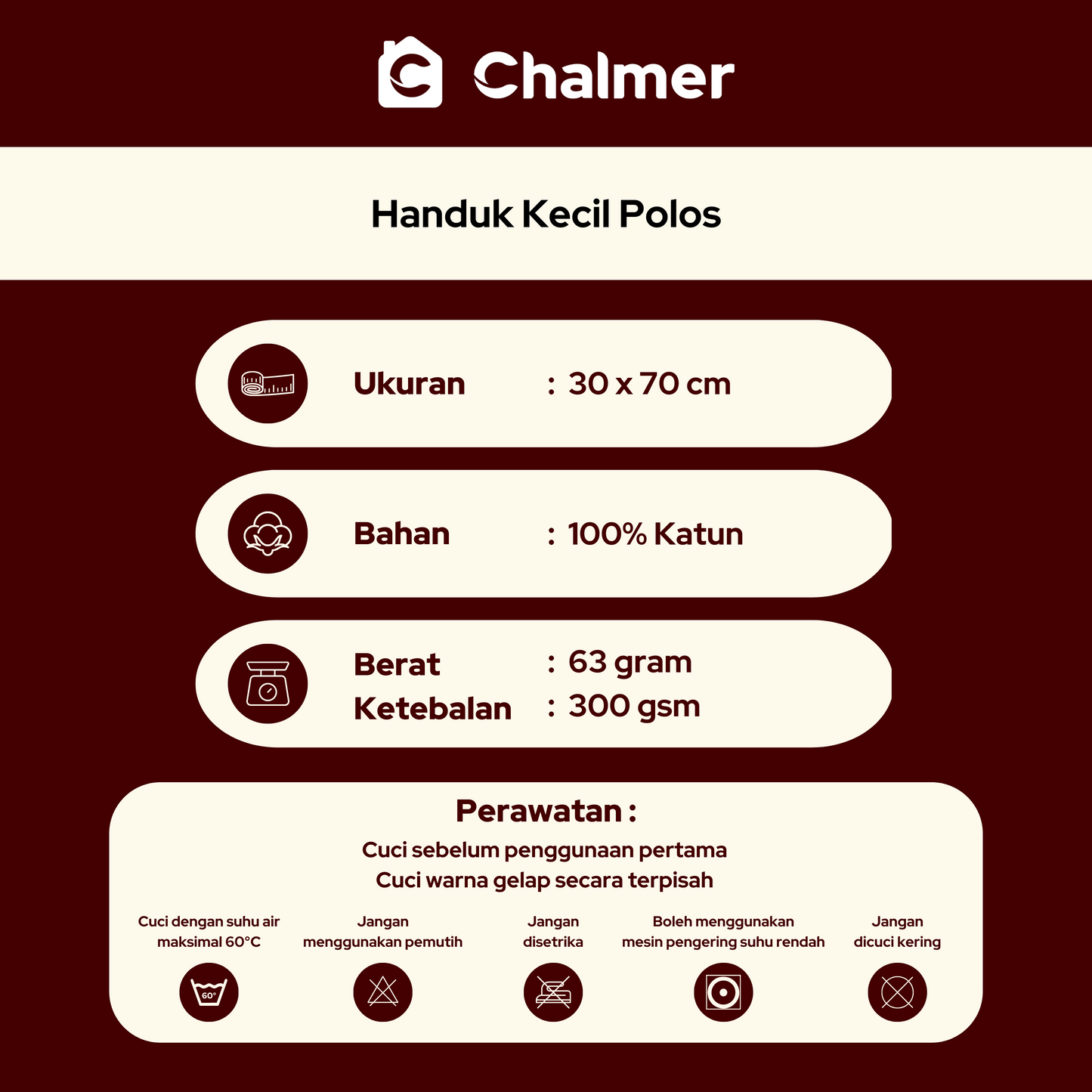 Handuk Olahraga Kecil Polos Chalmer 30 x 70 cm