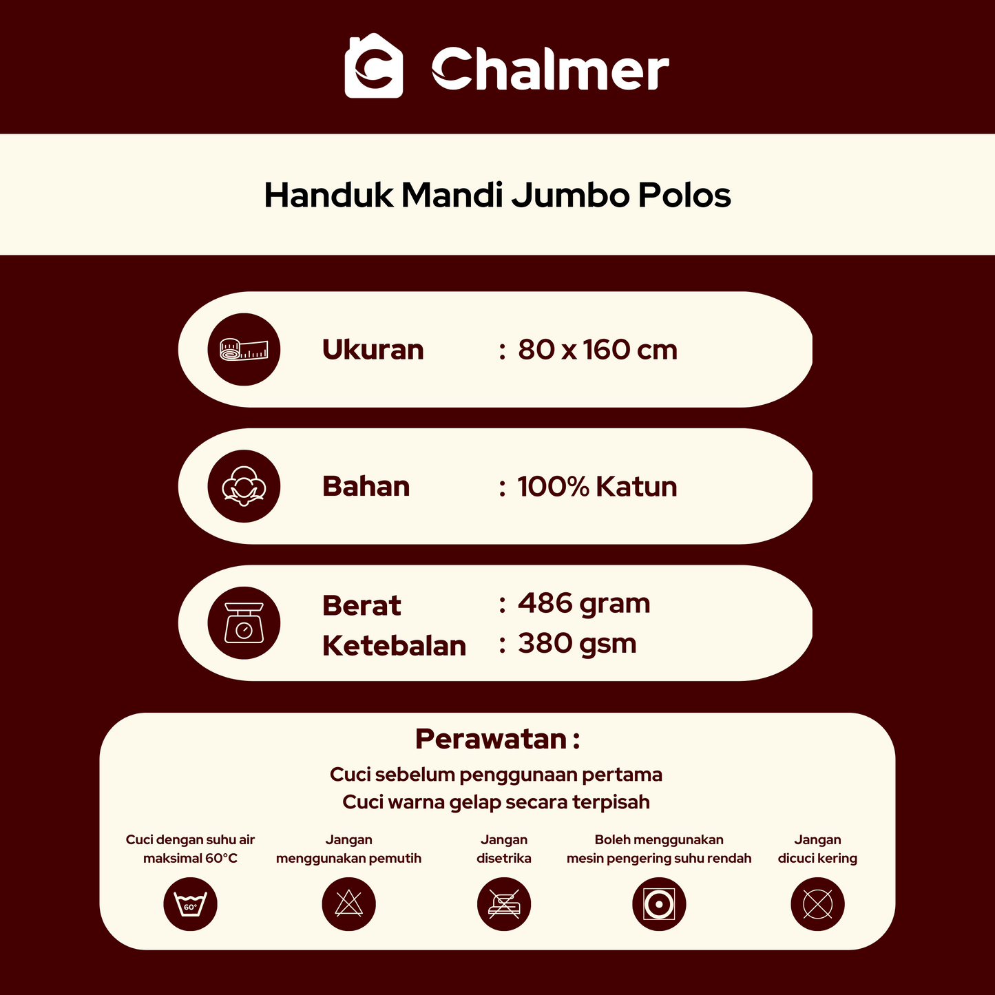 Handuk Mandi Dewasa Besar Jumbo Chalmer 80 x 160 cm