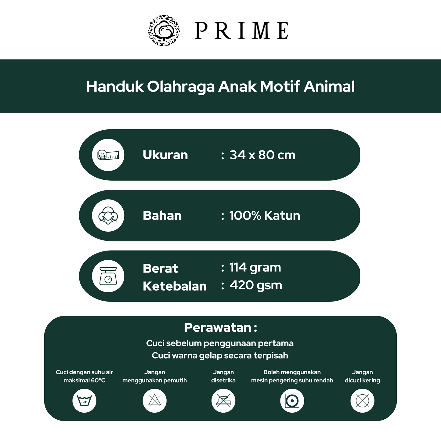 Handuk Sport Anak-Anak Prime by Chalmer 34 x 80 cm Motif Animal