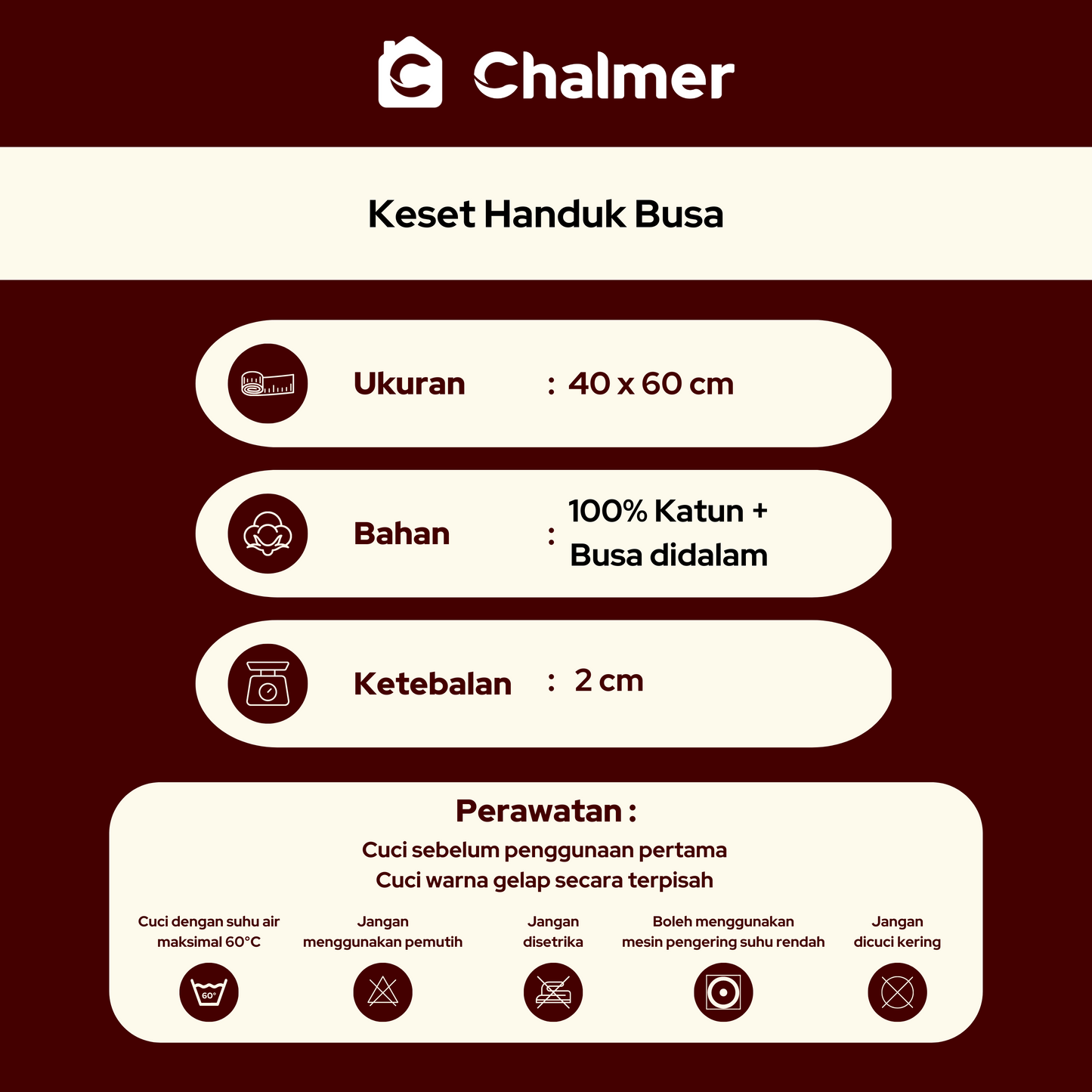 Keset Handuk Busa Tebal Chalmer 40 x 60 cm