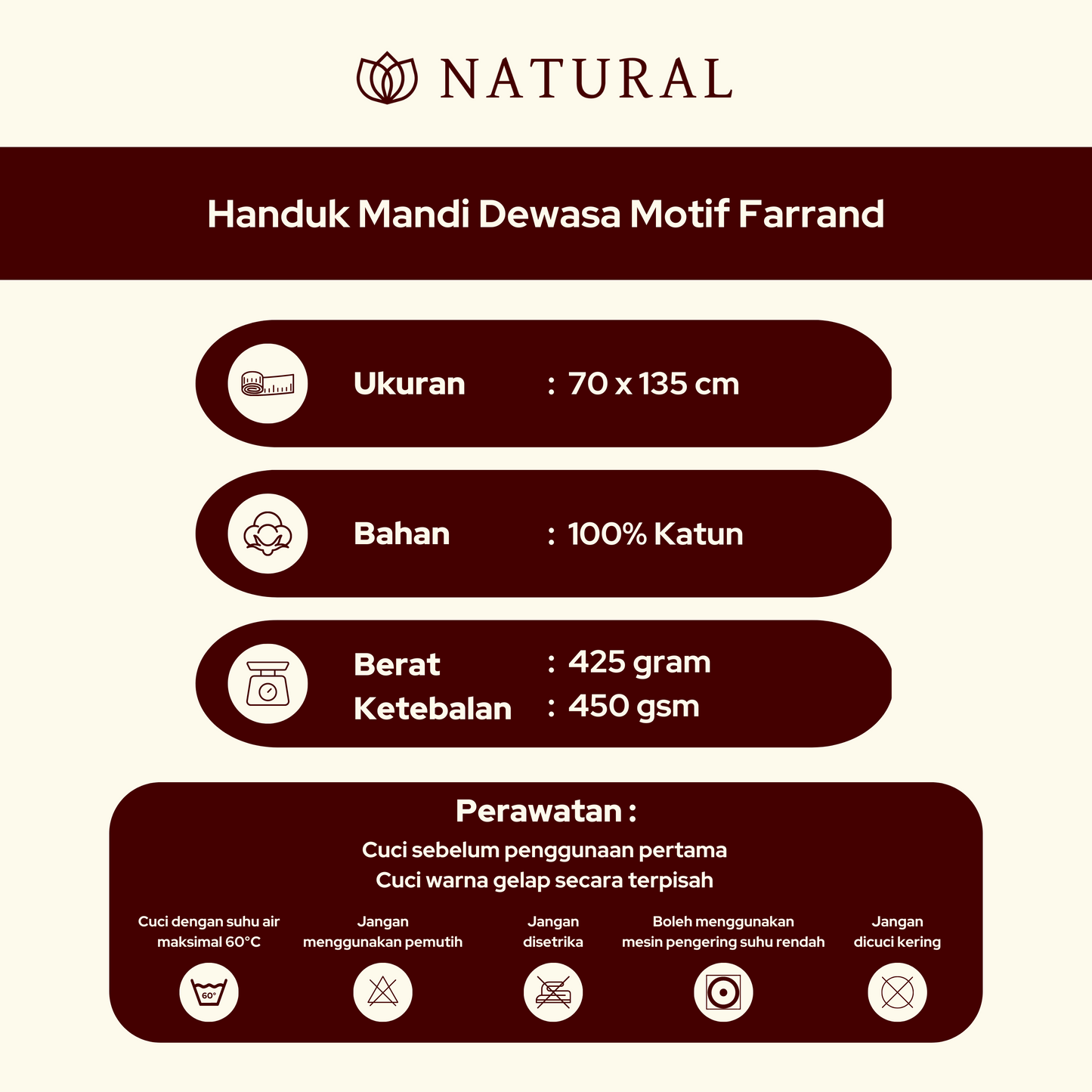 Handuk Mandi Dewasa Natural by Chalmer 70 x 135 cm Motif Farrand