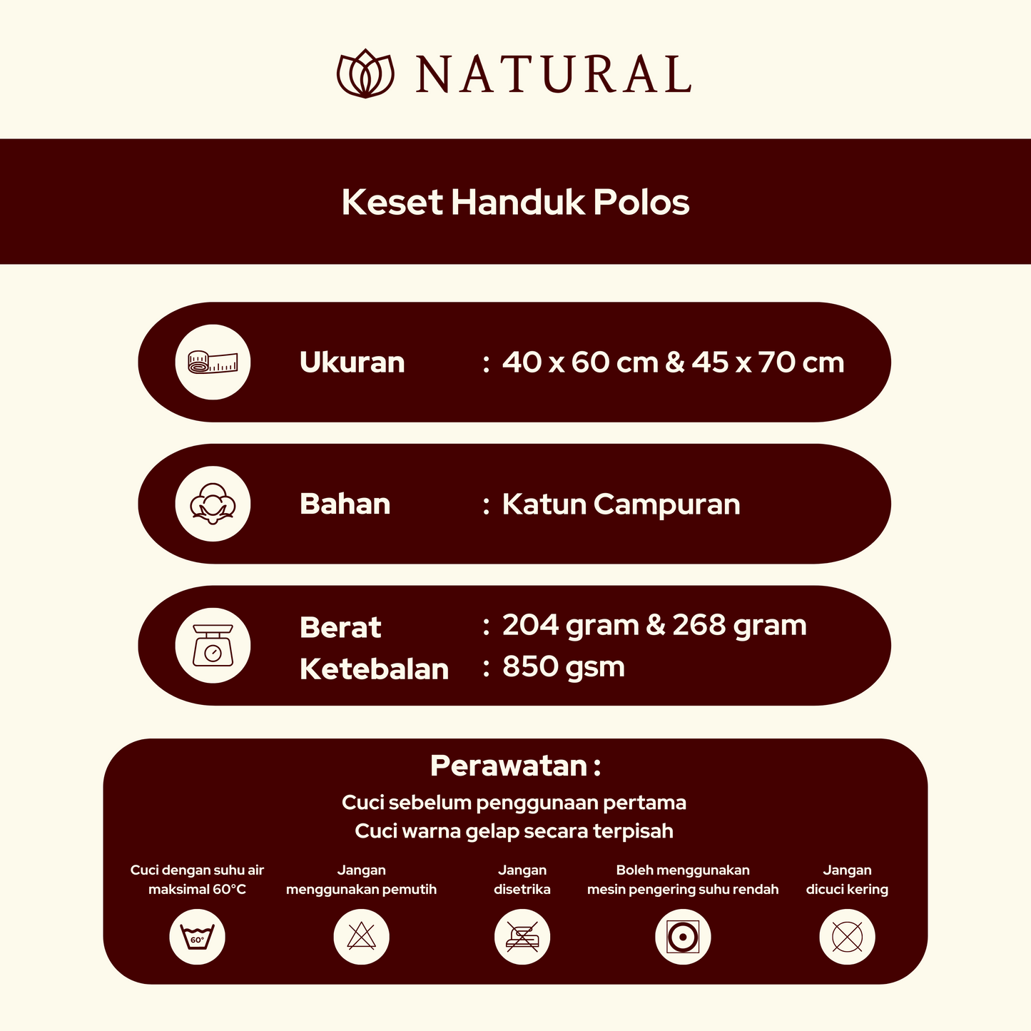 Keset Handuk Polos Natural by Chalmer 40 x 60 cm & 45 x 70 cm